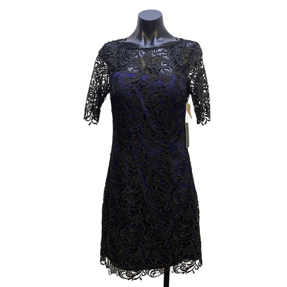 Laundry By Shelli Segal Black Lace Overlay Dress With Blue Underlay,  Size 6 - Picture 1 of 9